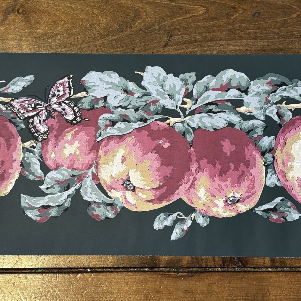 VTG Country Cottage York‎ Wallpaper Border Prepasted Apples Butterfly 5 Yds x 7"